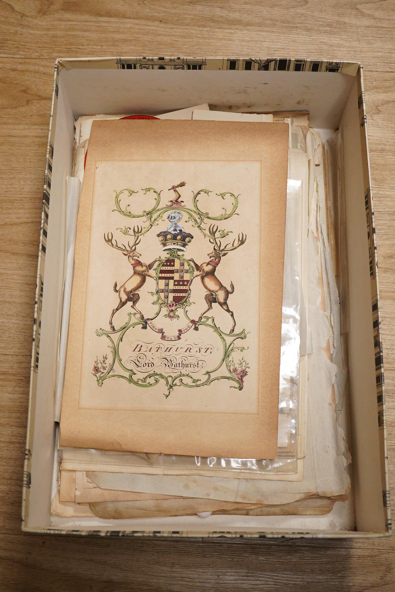 A group of hand coloured engravings, to include a heraldic example, trade advertisement labels and pen and ink and watercolour sketches, 18th/19th century